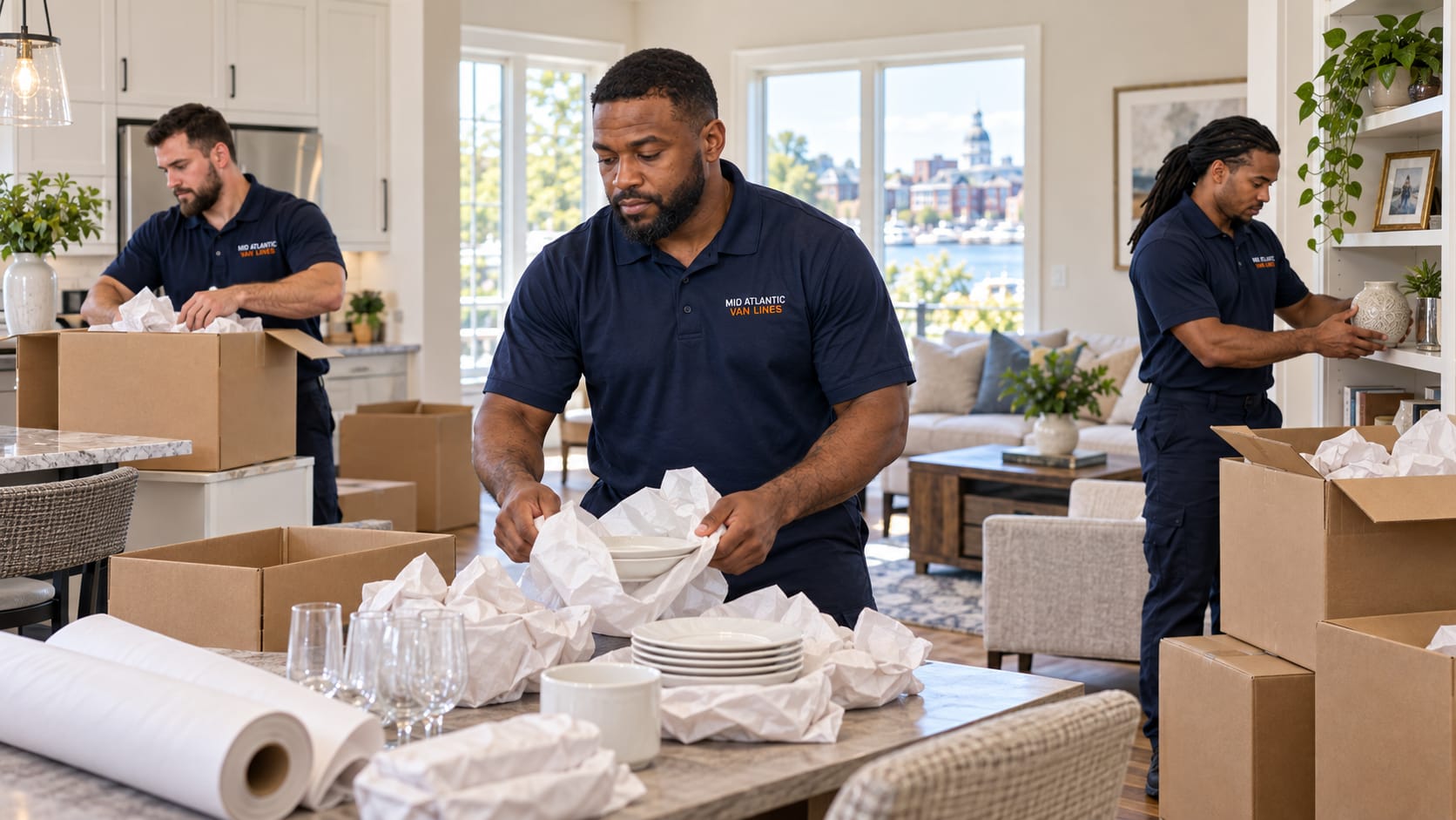 Professional movers providing packing and unpacking services in Baltimore, Maryland